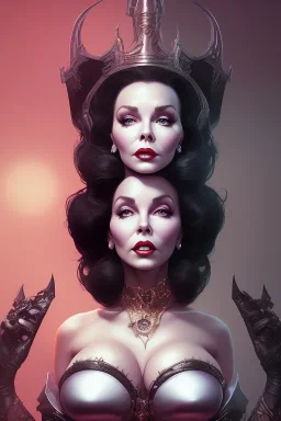 Joan Collins as evil queen in black leather, leather, busty, cleavage, angry, stern look. character design by cory loftis, fenghua zhong, ryohei hase, ismail inceoglu and ruan jia. unreal engine 5, artistic lighting, highly detailed, photorealistic, fantasy