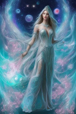 Create an image of a full body cosmic Goddess. The goddess should be depicted as a beautiful and powerful figure, surrounded by cosmic stars. Her hair should be long, blond and flowing, and she should be dressed in a flowing gown blue celestial robe. In the background, include imagery of pink flowers, blue sky,trees. The image should evoke a sense of joy, celebration, and spiritual connection to nature.