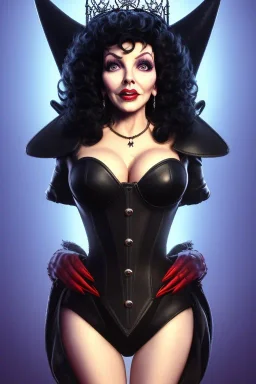 Joan Collins as evil queen in black leather, leather, busty, cleavage, angry, stern look. character design by cory loftis, fenghua zhong, ryohei hase, ismail inceoglu and ruan jia. unreal engine 5, artistic lighting, highly detailed, photorealistic, fantasy