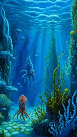 A blue underwater reef with a squid and Hawaiian tikis painted by Claude Monet