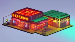 cute isometric china town, cutaway box, traditional, night lights, neon sign, hanging lanterns, electric posts with lamps, old taxis. highly detailed, made with blender, promotional brochure