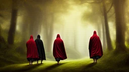 black robe hooded monks on the forest path