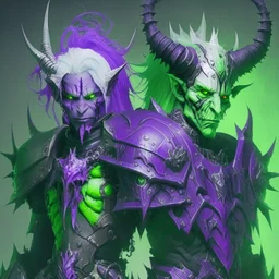 Demonio con armadura verde y negro posando con un demonio de armadura morada y verde con cabellos blancos
