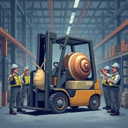 A giant snail in a factory driving around in a Atlet forklift, and are in the way for every worker, other angry workers stands around the snail and yell at him, pointing and give him the middle finger
