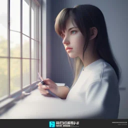 female student studying by the window, anime style,perfect face, cool face, unreal engine 5, cinema4d, sun light, studio lighting --ar 1:1 --v 4