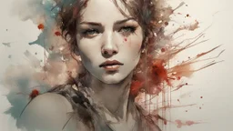 A gorgeous woman, full length portrait, perfect anatomy, hyper detailed digital painting, , Yoji Shinkawa, Ismail Inceoglu, Jeremy Mann, Carne Griffiths, splash art, watercolor ink splatter, oil on canvas, deep color, rich contrast, deviantart, Behance HD, Sketchlab