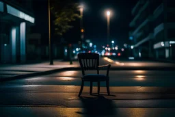 A chair in the middle of night street with a nice view. 8k, sony,sony 50mm 1.4, --ar 16:9