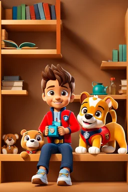 a young boy sitting on a shelf holding a teddy bear, inspired by Ayshia Taşkın, paw patrol, viral photo, medical background, 5 years old, shirt, h 6 4 0, description,