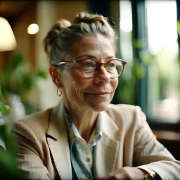 medium-full shot of a Monday lover with deep wrinkles and a warm smile and eyeglasses, sitting in a charming cafe with plants in the background, looking at the window, wearing a pastel linen blazer with a floral print, natural afternoon light shining through the windows, shot on Agfa Vista 200, side-angle view, 4k, --stylize 1000