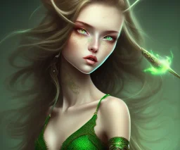 girl long light brown hair green eyes wielding magic wearing dress