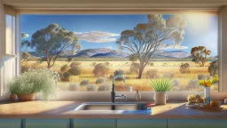 photorealistic view of an australian sunny peaceful landscape outside kitchen window