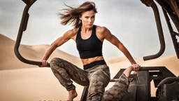 beautiful slender caucasian female technician, black tank top, well toned muscles, weathered face, scratched sand camo metal details, short brunette wavy bob haircut, dystopian, desert scene, jumping from a futuristic tank