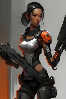Indonesian, sci-fi, female, thirties, athletic, one cyber arm, Lancer