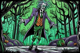 Beetlejuice style in color in the graveyard dancing