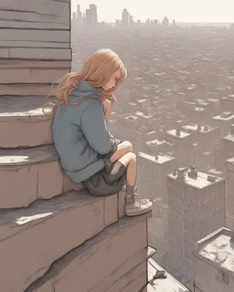 “ girl sitting on a roof looking down at a city below, extremely detailed