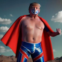 realistic image of donald trump as a mexican wrestling fighter posing, Mexican eyes wrestling mask, red and blue breeches, naked, confederate flag cape, retro style, 80s, vibrant color, highly detailed, sky background, concept art, unreal engine 5, god rays, ray tracing, RTX, lumen lighting, ultra detail, volumetric lighting, 3d, finely drawn, high definition, high resolution.