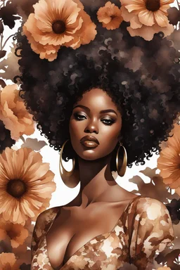 Create an watercolor image of a curvy black female wearing a brown off the shoudler blouse and she is looking down with Prominent makeup. Highly detailed tightly curly black afro. Background of large brown and black flowers surrounding her