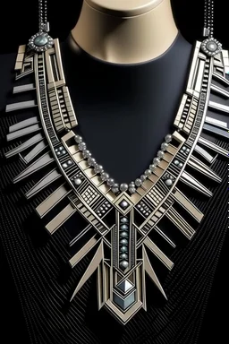 Create a modern necklace design taking inspiration from art deco era and use realistic events to make it more appealing it shall have elegance and wearable