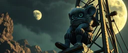 good moon ring close up on the coolest sassy fluffy dwarf kobold explorer climbing a radio tower with crazy swag in the style of fallout 4