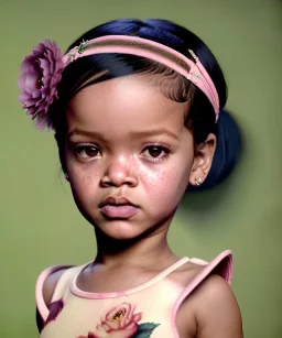 Rihanna toddler, full height, floral dress, soft skin, dramatic lighting, hyper realistic