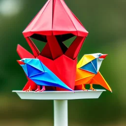 colorful origami birds sitting on a bird feeder in sunny weather