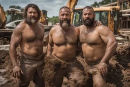 portrait shot photography of two ugly 36 year old beefy big robust burly italian carpenters embraced in the mud, dirty and wet, wearing bulging shorts, shirtless, hairy chest, serious, very virile, short beard, shaved hair,, , in a sunny construction work area, photorealistic , photorealistic