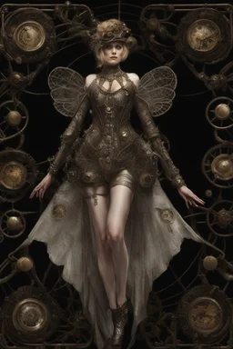 full length, steampunk delicate metal woman, moth, wings, black background