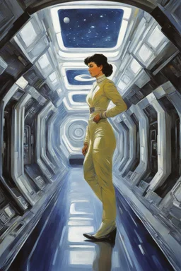 [Kupka] Driven by an unexplained urge, Ensign Dorothy followed her instincts, venturing outside the secure sections of the starship USS Enterprise. The sleek corridors and gleaming infrastructure gave way to unused maintenance trenches and Jefferies tubes. While expertise and caution were required to navigate the antiquated infrastructure, a sense of removal from duty calls beckoned her deeper. This network stretched further than any crew member had documented, a vast contrast to the bustling op