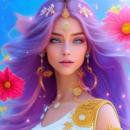 Beautyful smiling young woman, long hair amazing blue eyes, flowers, happy cosmic, bright colors, blue, pink, gold, jewels, realistic, photo real, clear sunny background, highly detailed, high contrast, 8k high definition, unreal engine 5, extremely sharp detail, light effect, sunny light background