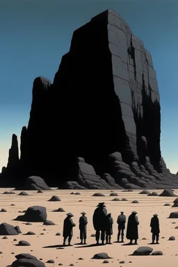 giant black rock in the desert with small people around n the style of Hiroshi Nagai