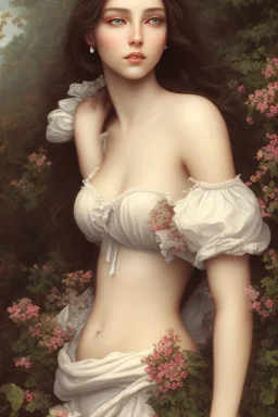 Beautiful Girl in the garden, 18 century, brunette, literally dark hair, dark eyes