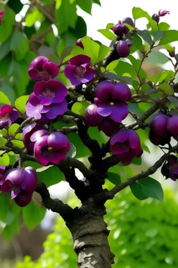 An average-sized fruit tree that grows up to 15 feet (4.6 meters) tall. It has deep purple leaves with rounded edges, rough, silver bark, and branches that are long and thin. It produces many bunches of large, slate blossoms with many layers of petals with a tube-like floral cup.