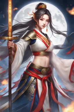 Photograph Best quality, masterpiece, ultra high resolution, pretty 1 girl's portrait close-up, flowing hair, real skin, jewelry, solo, Chinese clothing, armor, flame: 1.2, moon,blurry, realistic, Chinese Zen