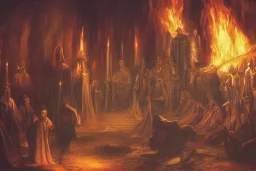 Council of cloaked people gatherd around a fire inside a temple, Dark atmosphere