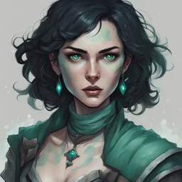 dungeons and dragons human female fathomless warlock, pale freckled skin, short ink black hair, sea green eyes, scar across her bottom lip, wears clothes made for sea travel, portrait