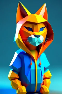 low poly with basic shapes playstation 1 chracter of a happy cat in a hoodie witha retro gam on the hoodie