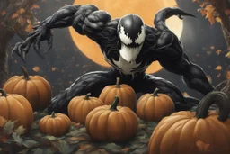 Venom pumpkin in nier automata artstyle, halloween them, winter, close picture, fantasy world, intricate details, highly detailed, high details, detailed portrait, masterpiece,ultra detailed, ultra quality