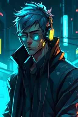 man, in anime style with cyberpunk vibes