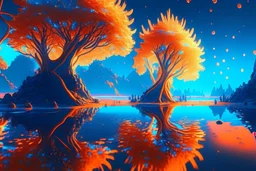 orange and blue crystal cosmic and galactic ambiance sky trees river lake surreal, full of details, smooth, bright sunshine，soft light atmosphere, light effect，vaporwave colorful, concept art, smooth, extremely sharp detail, finely tuned detail, ultra high definition, 8 k, unreal engine 5, ultra sharp focus