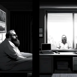 comicbook, 2 panels, black and white, in the left panel, a fat, bearded man watches the tv, (in the right panel, (side angle view:1.2)of the tv), background is a haunting dimly lit, decrepit room.The atmosphere should be chilling, with shadows and decay adding to the eerie ambiance.