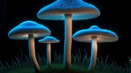 tall narrow delicate detailed mushrooms, with umbrella caps, phosphorescence glowing in the night