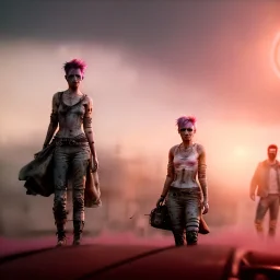 Ultra Realistic portrait photo, medium shot view, drunken women, mad max scene, sexy steampunk. Pink hair, confeti, smoking, happy, festival, red fog. highly detailed, concept art, unreal engine 5, ray tracing, RTX, lumen lighting, ultra detail, volumetric lighting, 3d, finely drawn, high definition, high resolution.