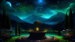 a round podium for meditation ,my dreams . In the garden my mind bows . mountains. space color is dark , where you can see the fire and smell the smoke, galaxy, space, ethereal space, cosmos, panorama. Palace , Background: An otherworldly planet, bathed in the cold glow of distant stars. Northern Lights dancing above the clouds in Georgia.