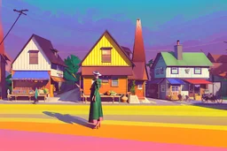 whimsical arafed nonsense, patchwork vibe, acrylic and ink painting of a cozy village main street on undulating hills with color (((minimal))) sketches of village people with (((extremely long limbs))), (((oversize head))), sharp color contrasts, amazing shadows, (((exaggerated limbs and head))), minimal cozy, warm palette, bright bold warm summer colors, color leak, sparse bright orange-red splinters, heavily distorted views, amazing parallels, amazing reflections