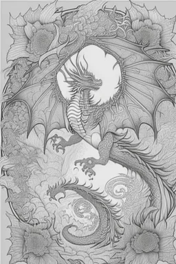 coloring book page of a flying dragon, mandalas