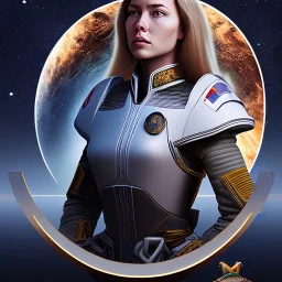 centered portrait of female soldier sitting on throne, long hair, wearing no helmet, by a starship window with a view to the milky way, hi detail, movie poster