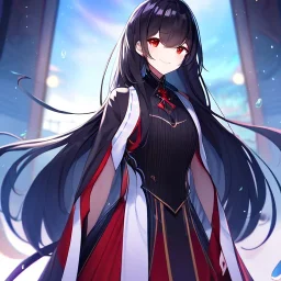 Clear focus, high resolution, black long fluffy hair, red eyes, wearing a cute outfit, kawaii