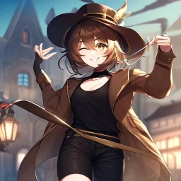 Clear focus, High resolution, short brown spiky hair, hair between eyes, eyes closed, wearing a brown detective hat, wearing a brown jacket and a black shirt, wearing black shorts, 1girl, pulling hat down, smiling, wearing a oversized jacket