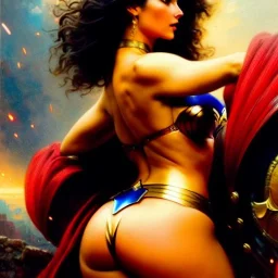 Drawing of beautiful face,'beautiful booty,Busty WonderWoman',intense stare, ancient skintight armor, balanciaga fashion clothe painting by gaston bussiere, greg rutkowski, yoji shinkawa, yoshitaka amano, tsutomu nihei, donato giancola, tim hildebrandt, Oil on canvas, cinematic composition, extreme detail,fit full head inside picture,16k