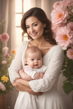 A mother holding a baby with love and compassion, great quality picture show flowers in the background in a romantic scene . 8K, a happily motherhood